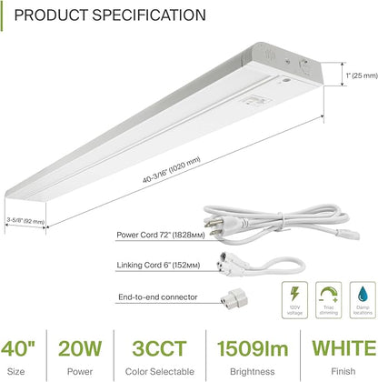 ASD Swivel LED Under Cabinet Lighting Plug in or Hardwired 40 Inch, Dimmable Under Cabinet Lights with High/Low/Off Switch, 3CCT 2700K-4000K, Linkable Under Counter Lights for Kitchen, White, ETL