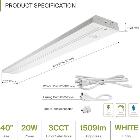 ASD Swivel LED Under Cabinet Lighting Plug in or Hardwired 40 Inch, Dimmable Under Cabinet Lights with High/Low/Off Switch, 3CCT 2700K-4000K, Linkable Under Counter Lights for Kitchen, White, ETL