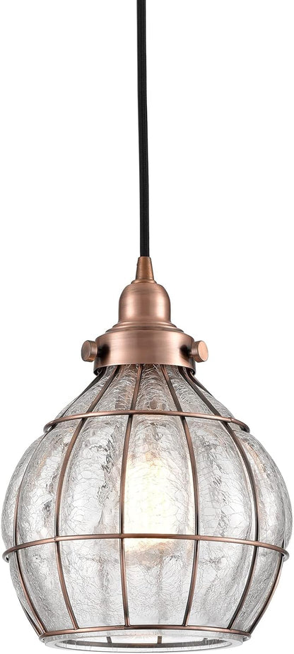 YUBOLE Glass Pendant Light Red Antique Copper Dimmable Kitchen Hanging Light Fixture Cracked Glass Shade Lighting for Dining Table Foyer Bedroom