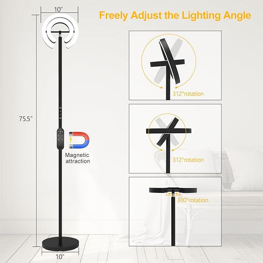 EPABINA Floor Lamp for Living Room, 75.5 Inch Tall Standing Lamp for Bedroom with 2 312° Rotatable Ring Lights, 36W Bright Stepless Dimmable LED Floor Light with Remote Control for Office Dining Room