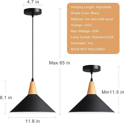 Modern Black Pendant Light Fixtures, 11.8" Farmhouse Wood Pendant Lighting, Industrial Cone Hanging Lights for Kitchen Island,Dining Room,Hallway,Barn,Entryway,Restaurant