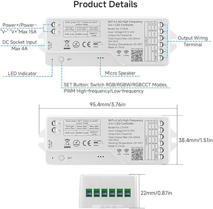 BTF-LIGHTING CH31W WiFi Bluetooth Smart RGB Controller 20kHz High Frequency PWM Dimmer for No Flicker No Buzzing RGB RGBW RGBCCT LED Strips Works with Alexa Google Home Smart Life App (No Remote)