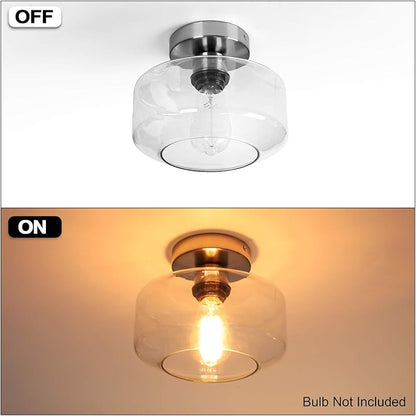 MAXvolador Industrial Semi Flush Mount Ceiling Light Brushed Nickel, Clear Glass Pendant Lamp Shade Farmhouse Lighting Hallway, Hanging Light Fixture
