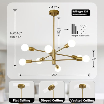 HHR 8-Light Gold Sputnik Ceiling Light Fixture, 26-Inch Kitchen Chandelier with Adjustable Height, E26 Mid Century Modern Chandelier for Dining Room Living Room Foyer Entryway