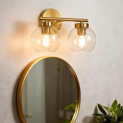 Gold Vanity Light, 2 Light Bathroom Vanity Light with Clear Globe Glass Shades, Modern Bathroom Light Fixture Over Mirror, Brass Wall Sconce Light for Bedroom Restroom, E26 Socket