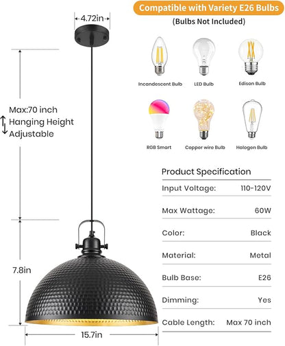 16 Inch Black and Gold Pendant Light Fixtures, Large Hammered Pendant Lights Kitchen Island, Vintage Dome Pendant Light for Kitchen, Dining Room, Bedroom,Bar