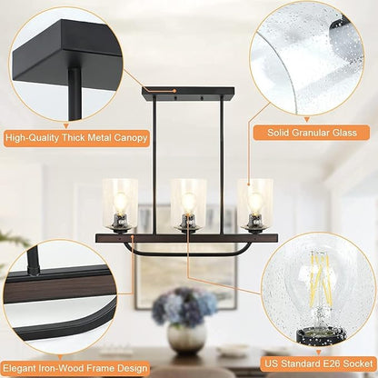 Depuley 3- Light Rustic Pendant Light Fixture, Flush Mount Ceiling Hanging Light with Glass Shade, Adjustable Farmhouse Black Chandelier Lighting for Kitchen Island Dining Room Restaurant, E26 Base