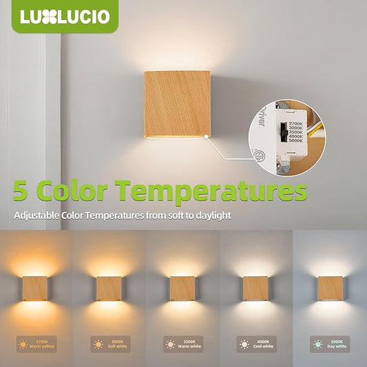 Natural Wood Grain Indoor Outdoor Up and Down Wall Sconce, 5%-100% Dimmable 18W, 5CCT (2700K-5000K), Modern Lighting for Living Room/Porch, CRI90+, 120V-277V, ETL FCC Certified