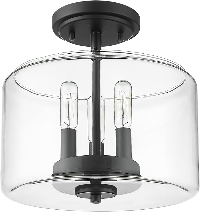 ML Lighting | Asheville Collection | 46923-MB | Metal 3-Light Semi-Flush in Matte Black with Clear Glass Shade | for Compact Spaces Close to Ceiling | Modern Design with an Heirloom Quality