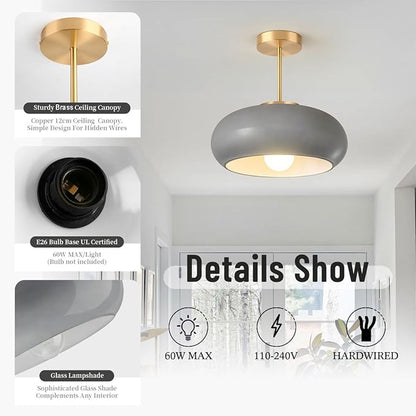 Gray Light Fixture Mid Century Semi Flush Mount Ceiling Light Nursery Close to Ceiling Lights Hallway Gold Semi Flush Mount Lamp Modern Porch Glass Chandeliers Entryway Overhead Light