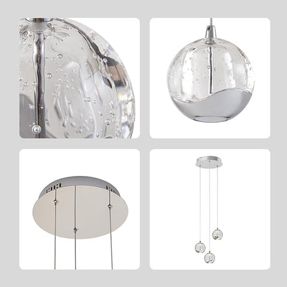 3-Light Chrome Globe Chandelier, Modern Bubble Glass Cluster Pendant Lights for Kitchen Island & Dining Room Light Fixture & Foyer Chandelier, Warm White 3000K, LED 1175 lm, Ø 9.8 in