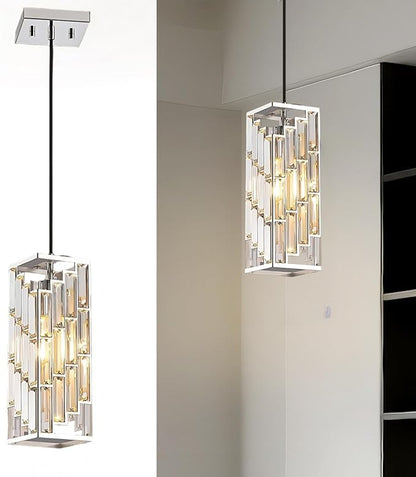 Chrome Pendant Lights Kitchen Island, Adjustable Modern Pendant Light Fixtures 1 Pack, Mini Crystal Chandeliers for Dining Room Bedroom Foyer Hallway