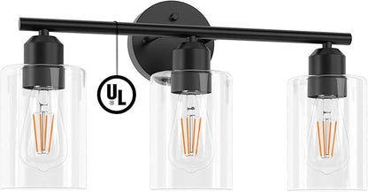 Bathroom Vanity Light Fixtures Matte Black Bathroom Lighting Fixture, 3 Lights Bathroom Light Fixture Over Mirror, Modern Black Vanity Light, UL Certified Wall Sconces with Glass Shades