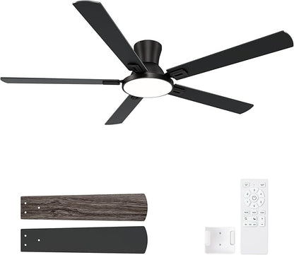 60 Inch Black Ceiling Fans with Lights and Remote, Flush Mount Low Profile 5 Blades Ceiling Fan with 10 Inch Lighting Fixture, Quiet Reversible DC Motor for Living Room, Bedroom and Patio