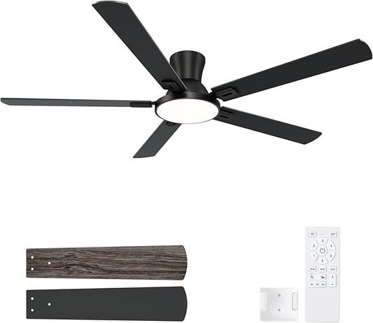 60 Inch Black Ceiling Fans with Lights and Remote, Flush Mount Low Profile 5 Blades Ceiling Fan with 10 Inch Lighting Fixture, Quiet Reversible DC Motor for Living Room, Bedroom and Patio