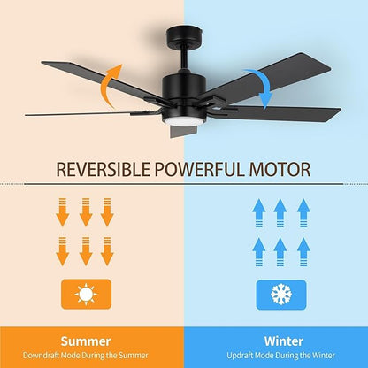 Ceiling Fan with Light for Bedroom: 52 Inch Modern Ceiling Fans with Dimmable Tri-Color Temperature LED - Quiet Reversible DC Motor - Indoor Outdoor Paito Sloped Roof Use (Matte Black)