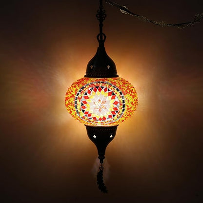 Turkish Moroccan Mosaic Pendant Light - Handcrafted Tiffany Style Swag Lamp with 15ft Cord, Vintage Glass Ceiling Fixture for Mediterranean Decor (Red1)