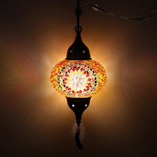 Turkish Moroccan Mosaic Pendant Light - Handcrafted Tiffany Style Swag Lamp with 15ft Cord, Vintage Glass Ceiling Fixture for Mediterranean Decor (Red1)