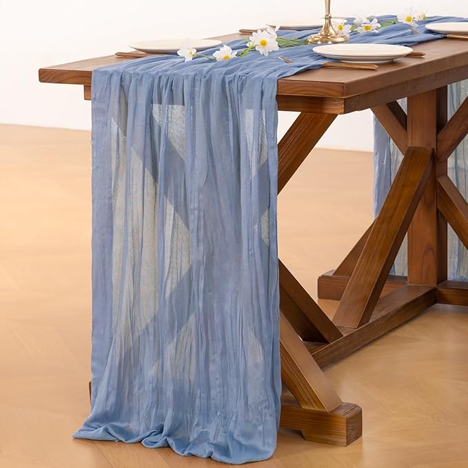 Socomi 10pcs Dusty Blue Summer Cheesecloth Table Runner Boho Rustic Gauze 120 inch 10FT Cheese Cloth Sheer Runner for Wedding Party Baby Shower Birthday Home Decor Holiday Decorations