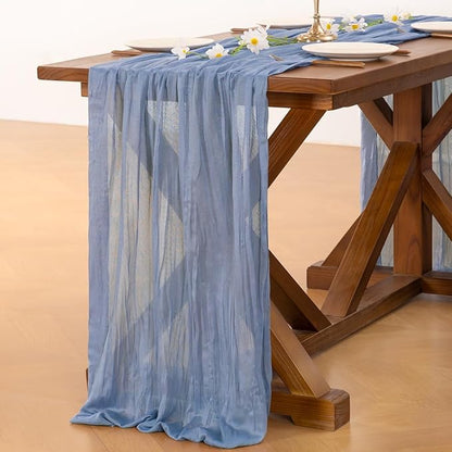 Socomi 10pcs Dusty Blue Summer Cheesecloth Table Runner Boho Rustic Gauze 120 inch 10FT Cheese Cloth Sheer Runner for Wedding Party Baby Shower Birthday Home Decor Holiday Decorations