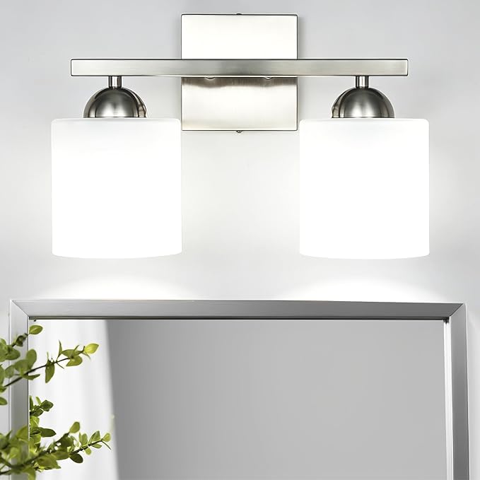 2 Light Brushed Nickel Vanity Lights for Bathroom, Modern Bathroom Light Fixtures Over Mirror, Vanity Light with Milky White Glass Shades, Farmhouse Wall Lights, E26 Socket