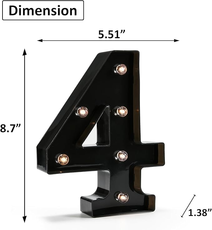 Light Up Black Alphabet Marquee Number Sign LED Marquee Number Lights Sign for Night Light Home Bar Christmas Lamp Birthday Party Wedding Decoration 4
