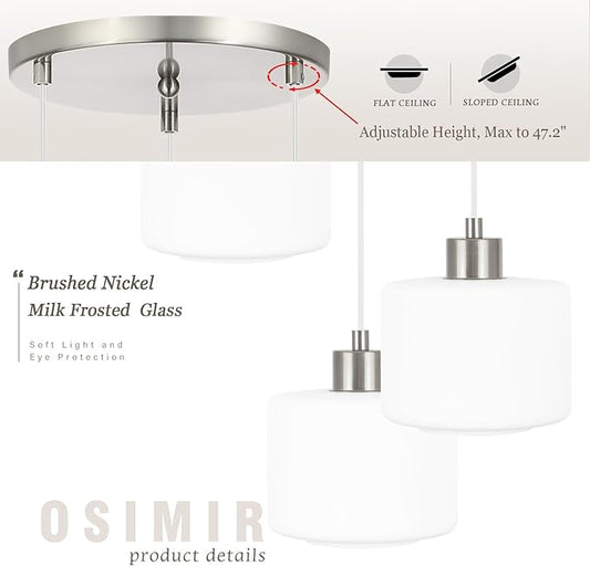 Brushed Nickel Dining Room Chandelier Light Fixture, 3-Light Pendant Lighting with Milk Glass, Modern Kitchen Island Cluster Hanging Pendant Lights for Kitchen Dining Room, OS-YQ8153-3BNW