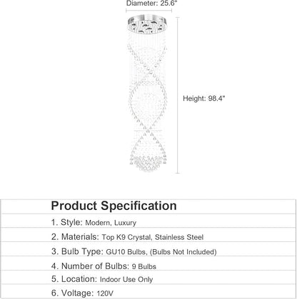 7PM Chandelier for Staircase, Crystal Foyer Chandelier High Ceiling, Modern Raindrop Chandeliers Flush Mount Ceiling Light Fixture for Spiral Staircase, Foyer, Entryway, High Ceiling W25.6 X H 98.4"