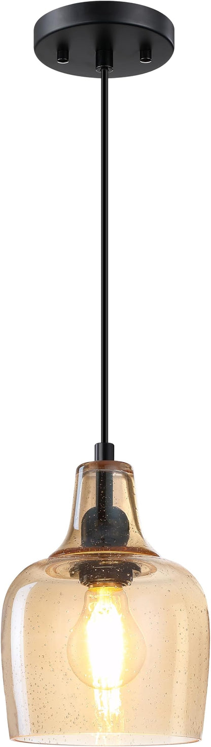 3 Pack 1 Light Indoor Hanging Kitchen Island Pendant Ceiling Light 6.1" Amber Glass Fixture,Black Finish for Farmhouse Over Sink Bedroom Hallway