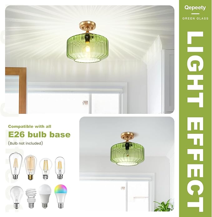 Green Semi Flush Mount Ceiling Light Set of 2 Mid Century Modern Ceiling Light Fixture Vintage Gold Chandelier Farmhouse Close to Ceiling Light Fixtures for Living Room, Bedroom, Entryway
