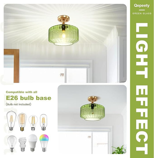 Green Semi Flush Mount Ceiling Light Set of 2 Mid Century Modern Ceiling Light Fixture Vintage Gold Chandelier Farmhouse Close to Ceiling Light Fixtures for Living Room, Bedroom, Entryway