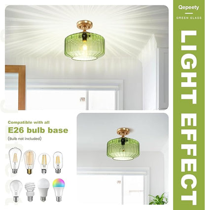 Mid-Century Modern Gold Flush Mount Ceiling Light Fixtures, Green Close-to-Ceiling Gold Chandelier for Entryway, Hallway, Porch, Corridor, Bedroom