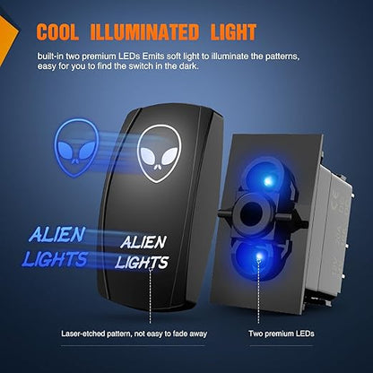 Nilight Alien Lights Rocker Switch Led Light Bar 5 Pin Laser On Off SPST switches 20A/12V 10A/24V Switches Blue with Jumper Wires Set for Cars Trucks Boats ATVs UTVs RVs