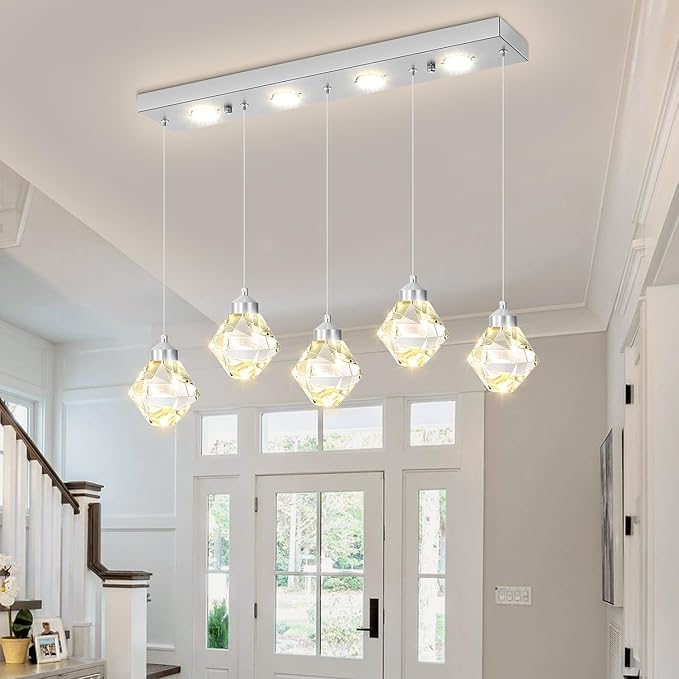 5-Lights Rectangular Pendant Light LED Dimmable Linear Crystal Chandelier Modern Rectangular Chandeliers for Dining Room Bedroom Silver Hanging Light