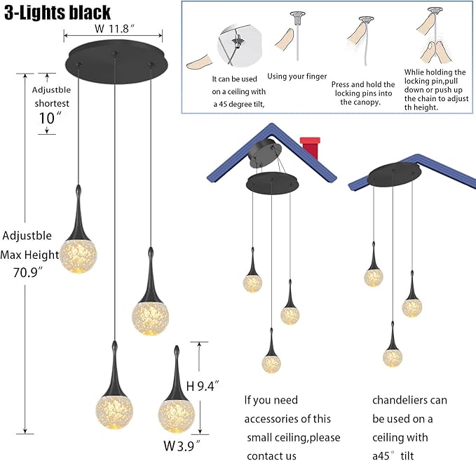 Flashing God Pendant Light Fixtures 3-Light Kitchen Island Pendant Lights Modern Black Chandelier Dimmable LED Pendant Lighting for Kitchen Island Dining Room