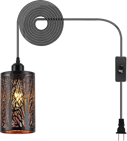 Industrial Black Plug in Pendant Light Vintage Mini Black Gold Hanging Lighting Rustic Hollow-Carved Cylinder Plug-in Pendant Light for Kitchen Island, Bedroom, Dining Room, Hallway