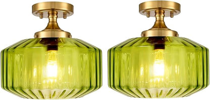 Green Semi Flush Mount Ceiling Light Set of 2 Mid Century Modern Ceiling Light Fixture Vintage Gold Chandelier Farmhouse Close to Ceiling Light Fixtures for Living Room, Bedroom, Entryway