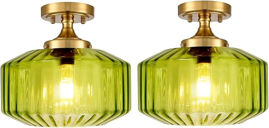 Green Semi Flush Mount Ceiling Light Set of 2 Mid Century Modern Ceiling Light Fixture Vintage Gold Chandelier Farmhouse Close to Ceiling Light Fixtures for Living Room, Bedroom, Entryway