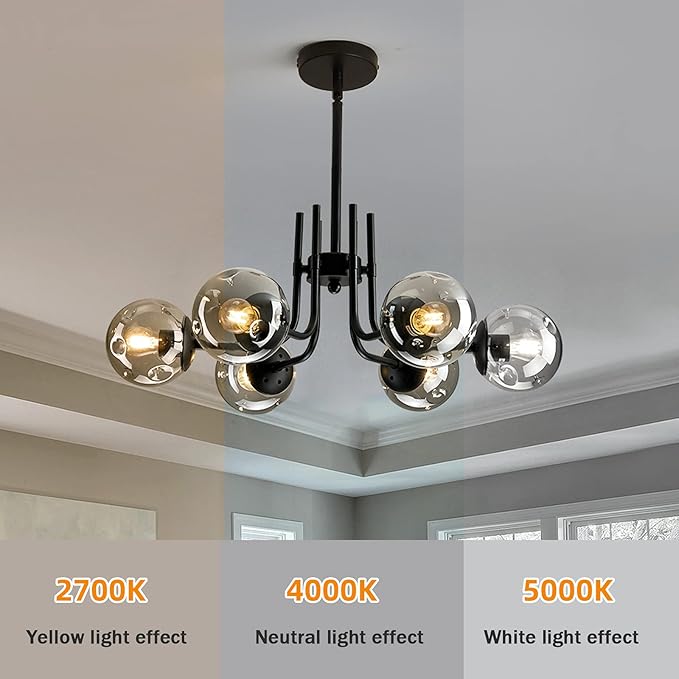 hesoge 6-Lights Glass Globe Sputnik Chandeliers Modern Metal Ceiling Light Fixture Black Semi Flush Mount Chandelier for Living Room Dining Room Bedroom Farmhouse Kitchen.