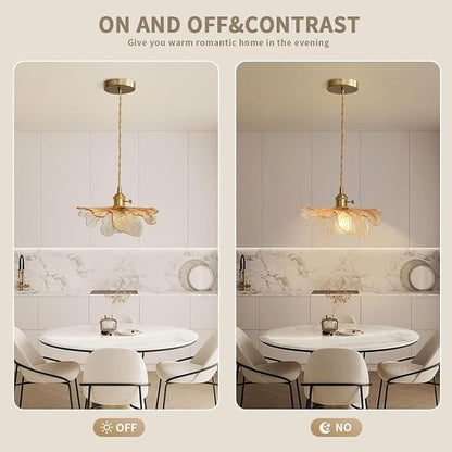 Amber Glass Pendant Lights for Dining Table Mid Century Flower Pendant Lamp with Blown Shade Vintage Gold Brass Adjustable Hanging Light for Kitchen Cabinets Bedroom entryway