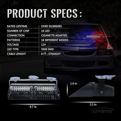 Xprite White Red LED Emergency Dash Strobe Light, Interior Windshield Safety Warning Firefighter Lights w/Suction Cups, 12V Windshield Visor Light Bar for Police Ambulance EMS Patrol Vehicles Trucks