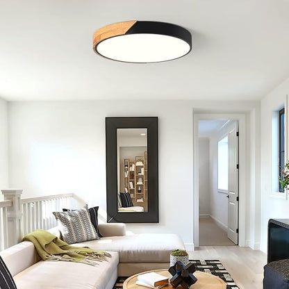 Modern Dimmable LED Ceiling Light, Minimalist Wood Style 5CCT 2700K-6000K Flush Mount Ceiling Light Fixture, Round Lighting Lamp for Bedroom Living Room Dining Room Laundry, Black, 15.8"