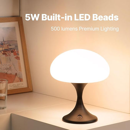 MAGCHARM Mushroom Lamp, 5W LED Cordless Rechargeable Table Lamp with Glass Shade, Small Retro Dimmable Touch Light with 3 Color Temps, Aesthetic Mid Century Bedside Light for Bedroom Ambient, Black