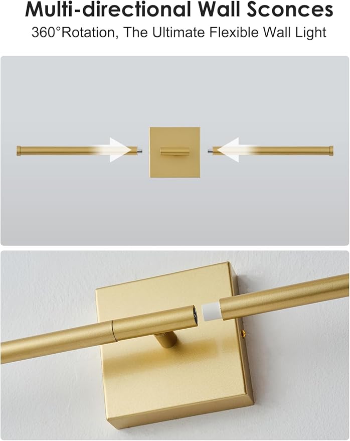 KARTOOSH 20.4 Inch Hardwired Wall Sconces Set of Two, 3000K Warm White Dimmable Modern Wall Sconces, 350° Rotate LED Light Fixtures Wall Lamp for Bathroom Living Room Bedroom Bedside, Gold
