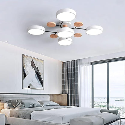 Dimmable LED Flush Mount Ceiling Light Fixture with 3000K-6000K Light Color Adjustable,40W 30Inch Chandelier Modern Wooden Ceiling Lamp for Bedroom Kitchen,5-Lights Indoor Lighting White Pendant Light