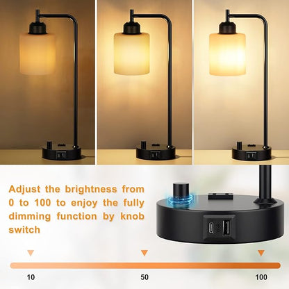 Industrial Bedroom Table Lamps for Bedside - White Opal Glass Shade Desk Lamps with USB C Port, Fully Dimmable Black Lamps with USB Port and Outlet, Reading Nightstand Lamp for Office Living Room