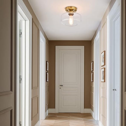 BISAMIYA Modern Gold Ceiling Light Fixture, Brass Finish Semi Flush Mount Ceiling Light with 8.66" Clear Glass Shade for Kitchen, Hallway, Entryway, Cafe