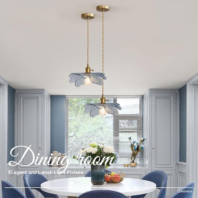 Glass Pendant Lights Kitchen Island 2 Pack Vintage Farmhouse Style with Blue Glass Flower Shade, Gold Unique Hanging Pendant Lighting for Dining Room Cabinets Bedroom entryway