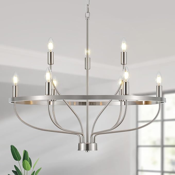 9-Light Brushed Nickel Chandelier, Modern Candle Chandeliers for Dining Room 30" Metal Vintage Farmhouse Chrome Chandelier Light Fixture for Kitchen Island, Bedroom, Foyer, Living Room