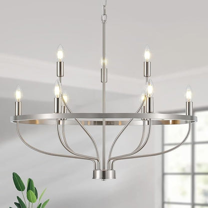 9-Light Brushed Nickel Chandelier, Modern Candle Chandeliers for Dining Room 30" Metal Vintage Farmhouse Chrome Chandelier Light Fixture for Kitchen Island, Bedroom, Foyer, Living Room